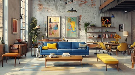 Wall Mural - Stylish loft living room with a mix of blue and yellow furniture, complemented by contemporary artwork on the walls and a spacious, modern layout