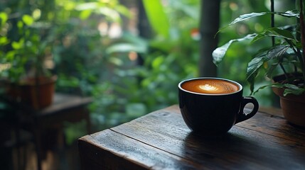 Canvas Print - Close up of a cup of latte art coffee on a wooden table with a blurred green foliage background.