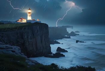 Wall Mural - Lighthouse on dark cliff in storm with crashing waves and lightning, art picture