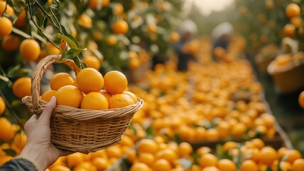 Closeup hand holding Orange,pick in basket, here is a mature orange forest in the background,female hand breaks a orange from tree branch,Crate of freshly picked orange with sunbeam.