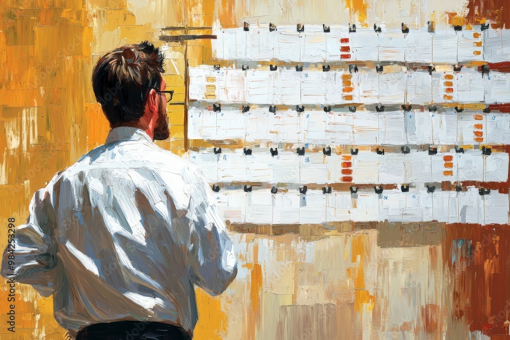 Capture a traditional oil painting of a busy project manager analyzing ...