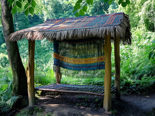 Wall Mural - A small hut with a colorful blanket draped over it. The hut is made of wood and has a thatched roof. The hut is located in a forest and is surrounded by trees