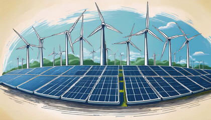 Wall Mural - Hand drawn sketch of solar panels and wind turbines representing alternative energy sources in a vector illustration design