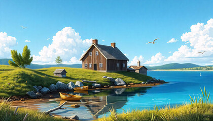 Illustration of a Scandinavian landscape with old house on shore of beautiful clean waters and beautiful nature with blue sky