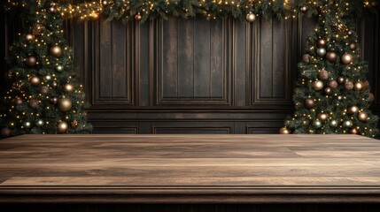 Empty table in front of christmas tree with decoration background