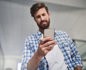 Wall Mural - phone, hand and business man reading email in startup for research, ads and check engagement info. c