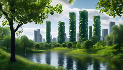 Wall Mural - Sustainable Urban Development Illustrated Through Green Cityscape and Lush Foliage