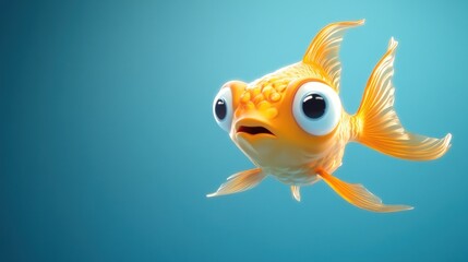 A cartoon goldfish with big eyes looks surprised against a blue background.