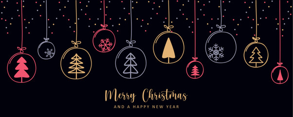 Wall Mural - christmas card with fir tree balls hanging decoration vector illustration