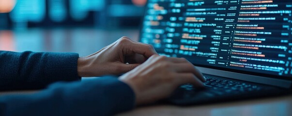 A close-up of hands typing on a laptop displaying code, set in a dimly lit environment with a blue hue, emphasizing programming and technology, Business idea concept.