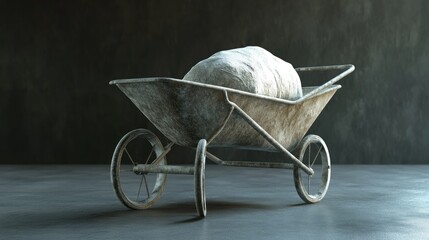 A weathered wheelbarrow with a large white sack in it, standing on a concrete floor against a dark background.