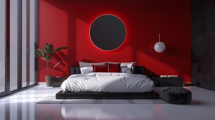 Wall Mural - Vibrant minimalist bedroom with bold color accents set against a monochrome backdrop, showcasing striking interior design.