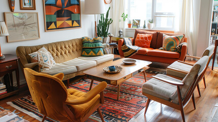 Eclectic living room with mismatched vintage chairs and a mid-century modern coffee table, creating a unique seating arrangement. home interior design concept 