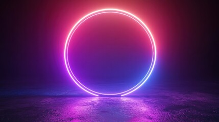 Wall Mural - A glowing neon circle in a dark room, casting reflections on the concrete floor.