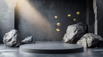 Wall Mural - Minimalist black and gold podium with rocks in a dark room.