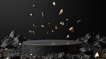 Wall Mural - Black marble podium with gold rocks falling and black rocks around on a black background.