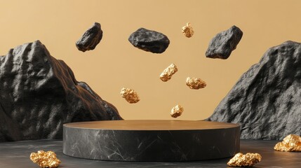 Wall Mural - Black podium with levitating rocks and gold nuggets against a beige background.