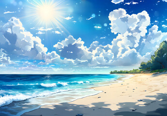 Sunny Tropical Beach with Blue Sky, Ocean Waves, and White Clouds