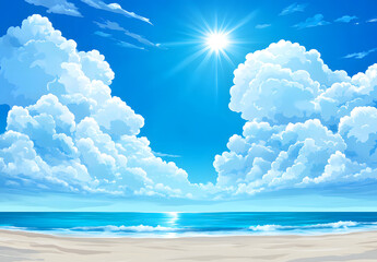 Sunny Tropical Beach with Blue Sky, Ocean Waves, and White Clouds