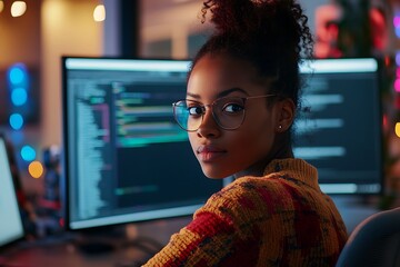 Young black woman programmer posing looking over shoulder working late