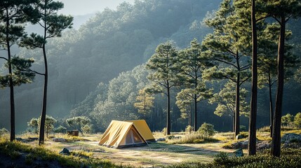 Canvas Print - Plan a tent camping area that offers breathtaking mountain forest views, prioritizing harmony with the natural landscape 