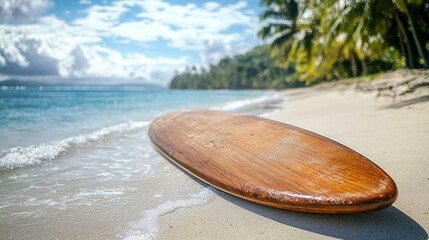 Sticker - Photo of a classic wooden surfboard on a beach.