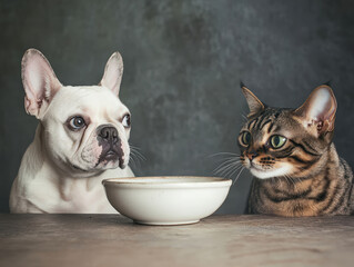 Curious Dog and Cat Waiting for Food Together