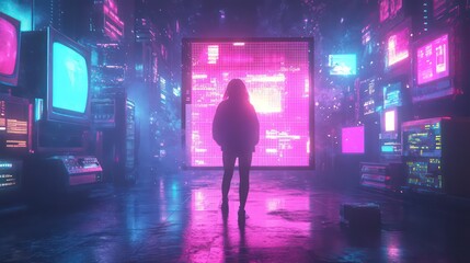 Wall Mural - cyberpunk hacker in neon lit virtual world, futuristic tech and digital screens in a cybercity