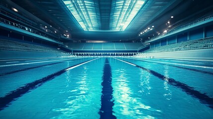 Canvas Print - Olympic sized swimming pool. Interior swimming pool, stadium, event. Brightly lit, fresh water