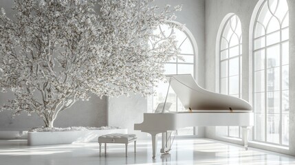 Wall Mural - A white grand piano sits in a large, airy room with a large, flowering tree and arched windows.