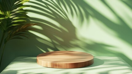 Wall Mural - A round wooden podium on a light green surface with a palm leaf casting a shadow on the wall.