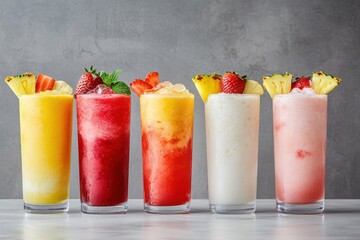 A vibrant lineup of frozen cocktails in tall glasses, each a different flavour