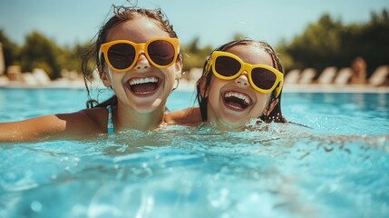 Wall Mural - Mother and daughter enjoy a summer afternoon in a swimming pool, both wearing sunglasses and smiling. Their playful interaction and shared fun capture the essence of a family vacation  