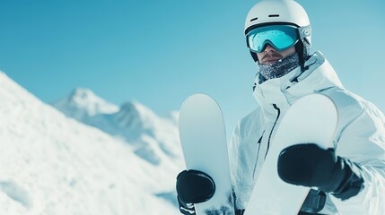 Poster - Male snowboarder in white helmet, ski suit, and mirrored glasses holds snowboard, prepares for descent on mountain slope. with copy space image. Place for adding text or design