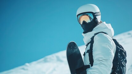 Canvas Print - Male snowboarder in white helmet, ski suit, and mirrored glasses holds snowboard, prepares for descent on mountain slope. with copy space image. Place for adding text or design 