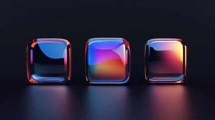 Wall Mural - three iridescent glass squares on a black background.