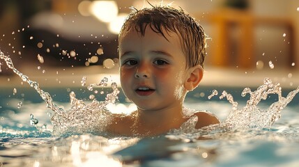 Wall Mural - Little boy splashing water in a swimming pool