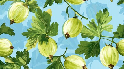 Wall Mural - Seamless illustration of green gooseberries on a blue background with botanical leaf art