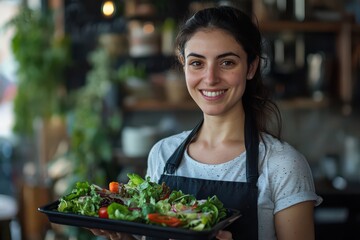 A talented chef proudly serving fresh salads in a cozy cafe