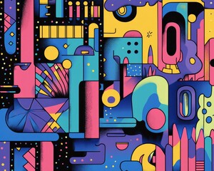 Vibrant and whimsical line art illustration depicting a colorful wonderland filled with abstract geometric shapes and playful elements