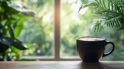 Poster - Steaming cup of coffee on a wooden table with a blurry green window background.