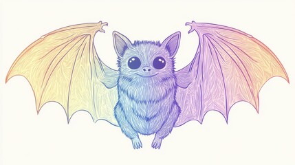 Line art illustration featuring a rainbow gradient drawing of a whimsical cartoon vampire bat