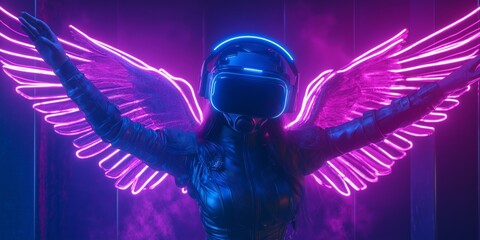 A woman in a space suit with a glowing wing on her back. The image is in neon colors and has a futuristic, sci-fi vibe