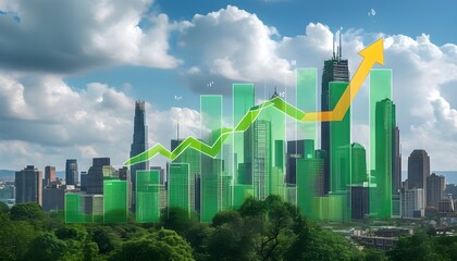 Canvas Print - Sustainable City Skyline Featuring Green Buildings and Upward Graph Symbolizing Growth in Eco-Friendly Investments