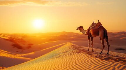 A camel silhouetted against a bright orange sunset over rolling sand dunes in the desert.