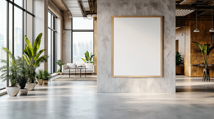 Canvas Print - Empty white poster frame in modern loft interior with plants and large windows, concrete floor, city skyline in the background.