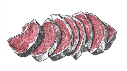 Line art illustration of sliced beef prepared for cooking on a clean white background