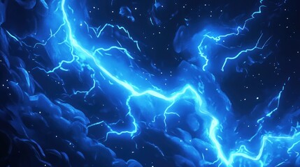 Abstract blue electric lightning bolts on a dark background with white specks.