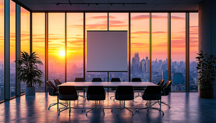 Canvas Print - Modern conference room with blank presentation screen at sunrise in a high-rise building.