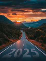 new year 2025 or straight forward concept. text 2025 written on the road in the middle of asphalt ro